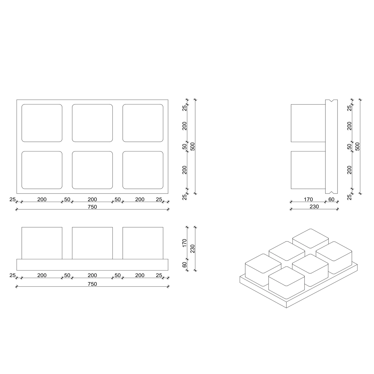 Dibujo técnico del elemento de forjado ISB® PHC-250
